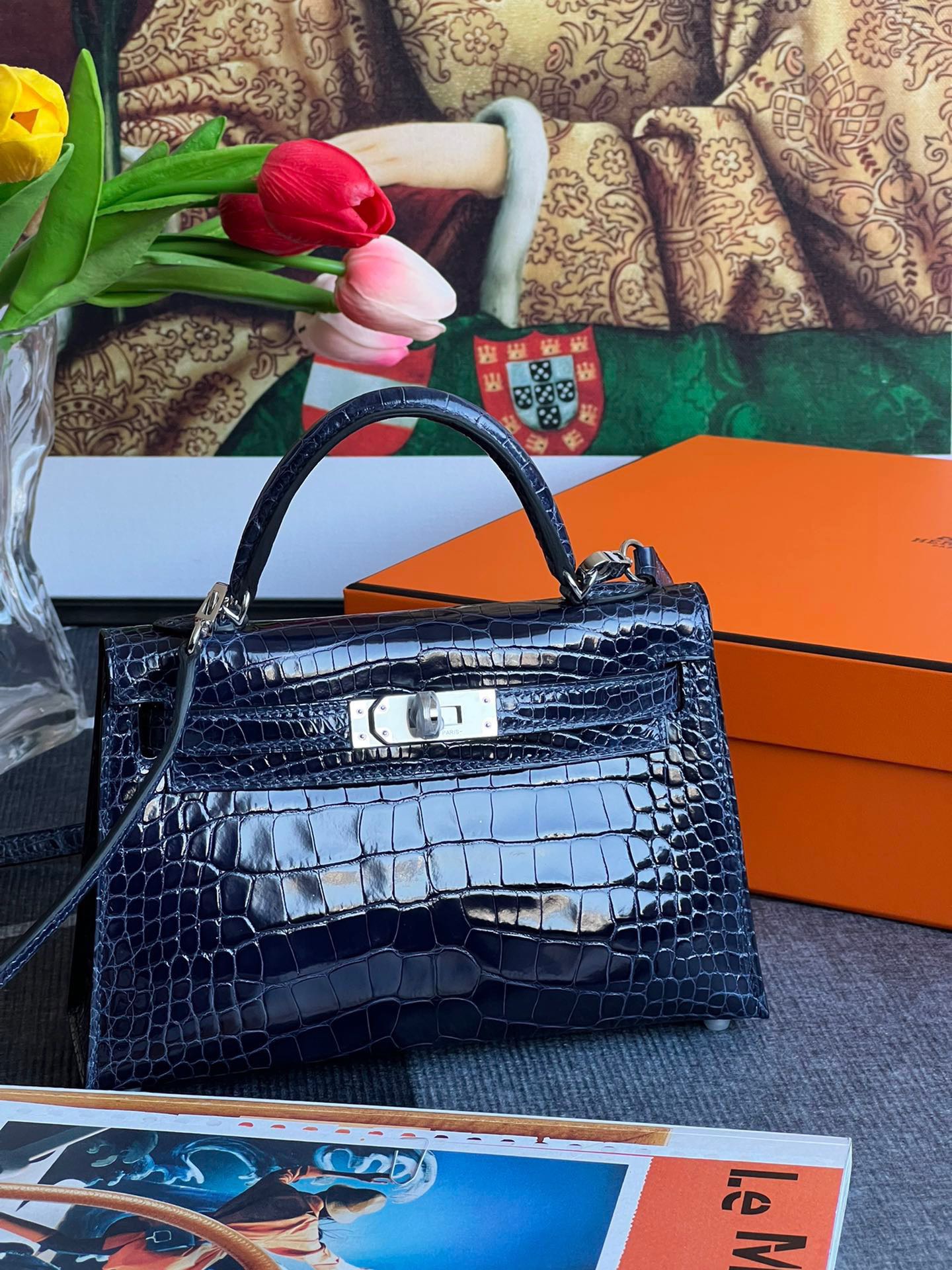 Crocodile skin Mini Kelly #73 Blue Sapphire