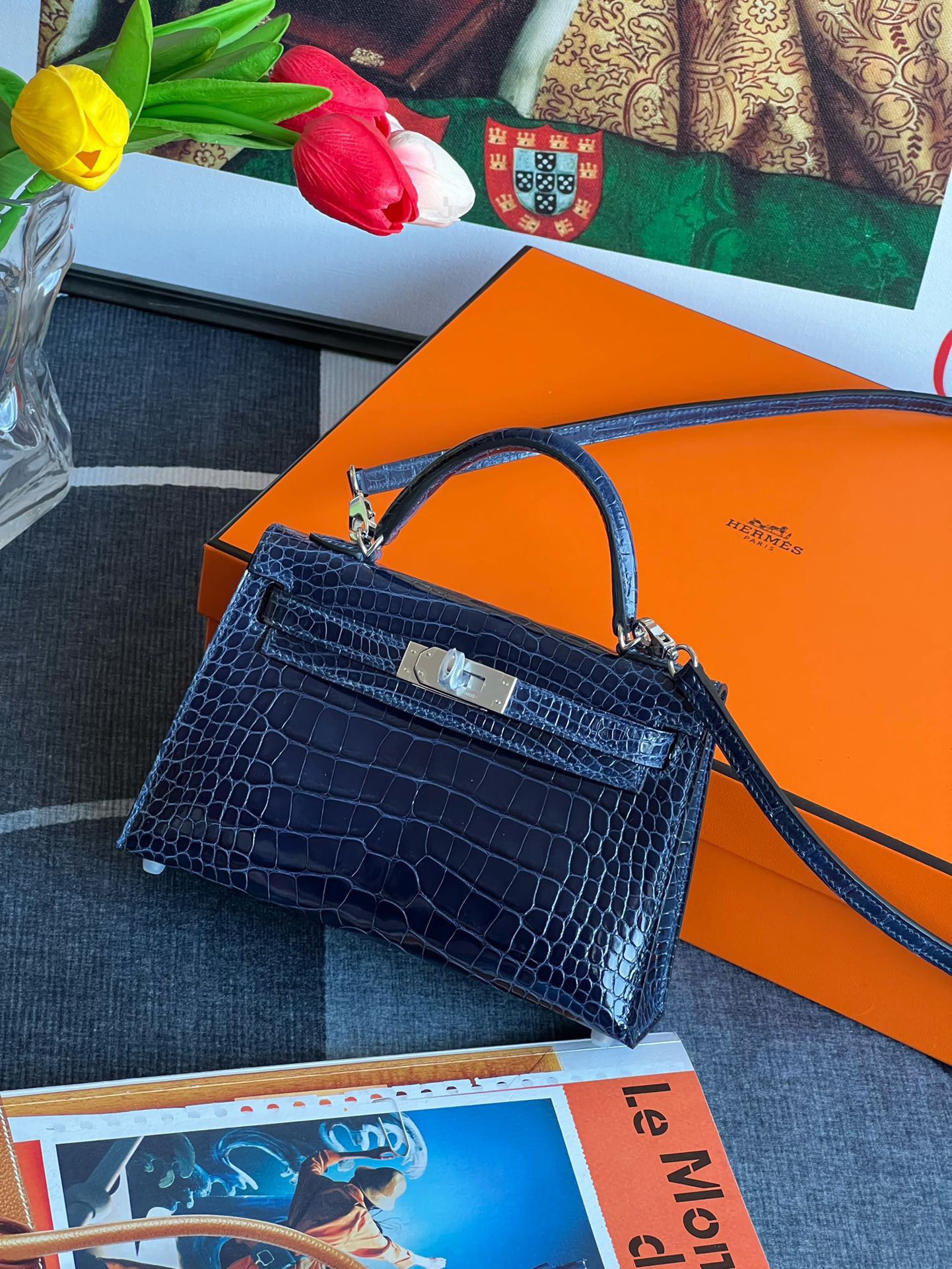 Crocodile skin Mini Kelly #73 Blue Sapphire