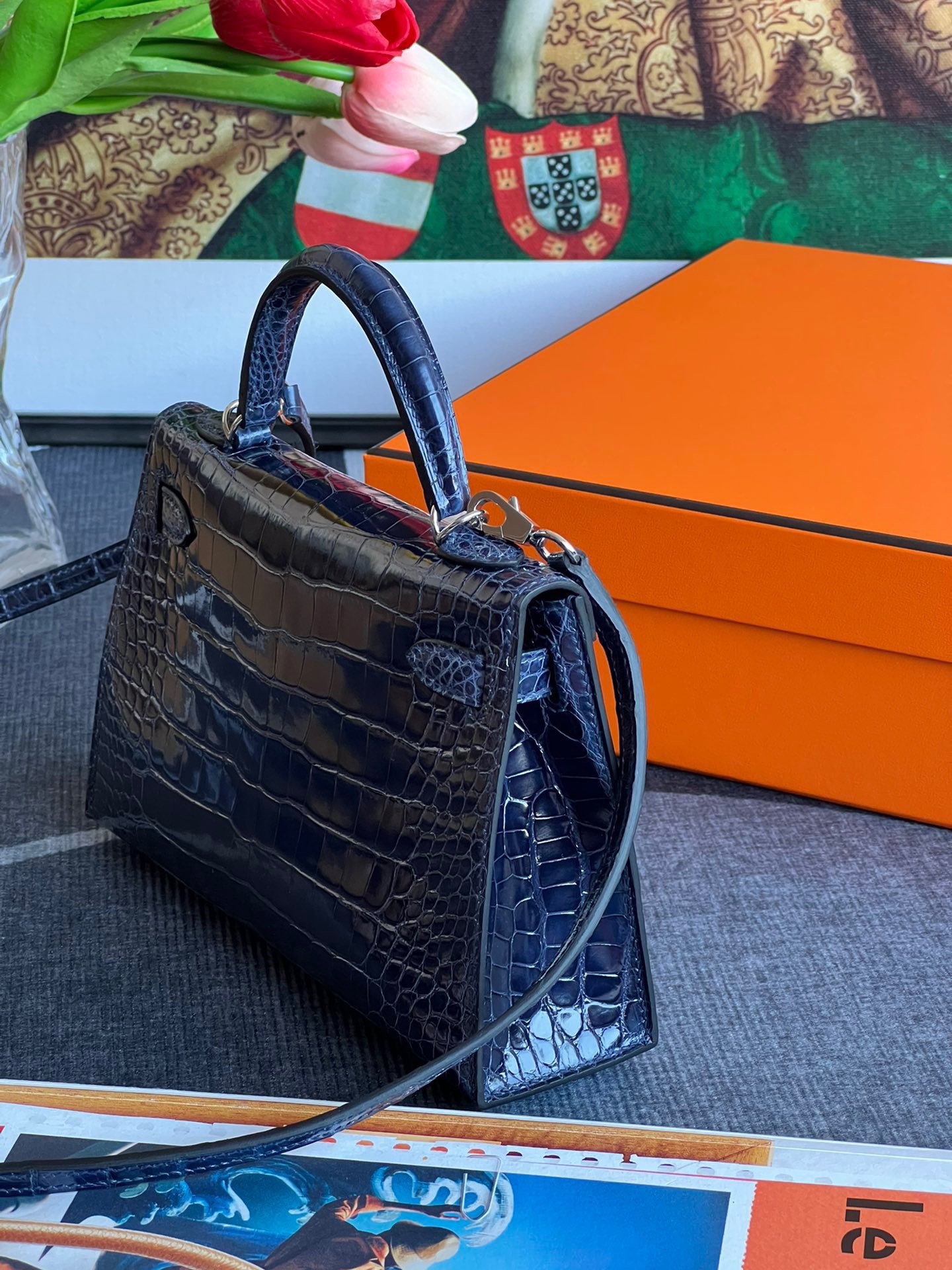 Crocodile skin Mini Kelly #73 Blue Sapphire