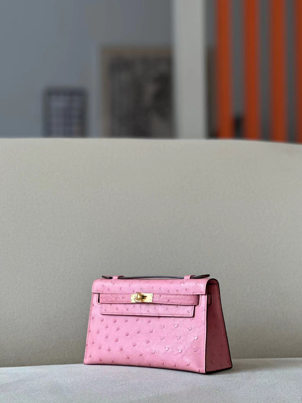 Hermes Kelly #1Q Rose confetti 22cm Ostrich