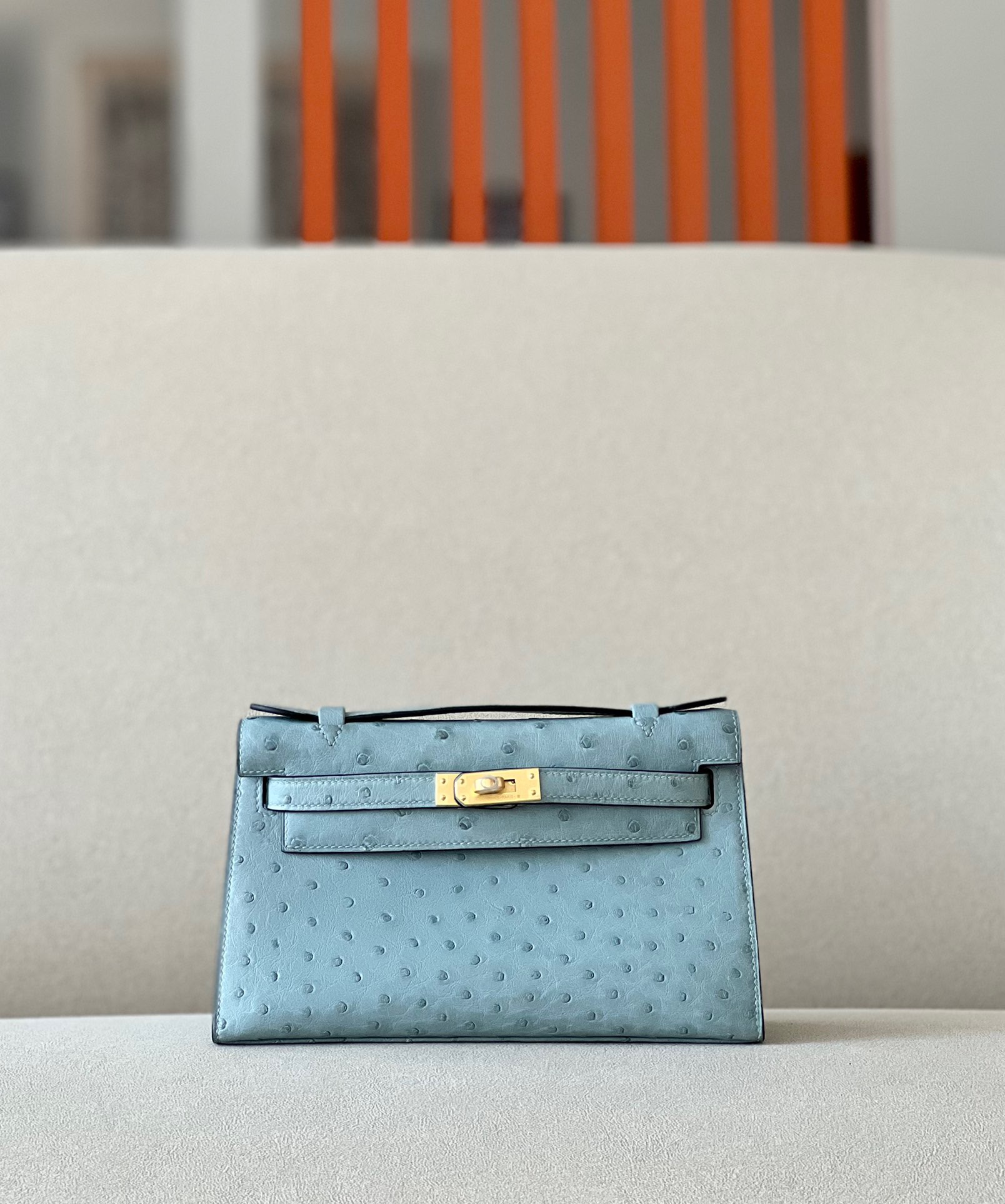 Hermes Mini Kelly  #T0 Blue Brume  Ostrich