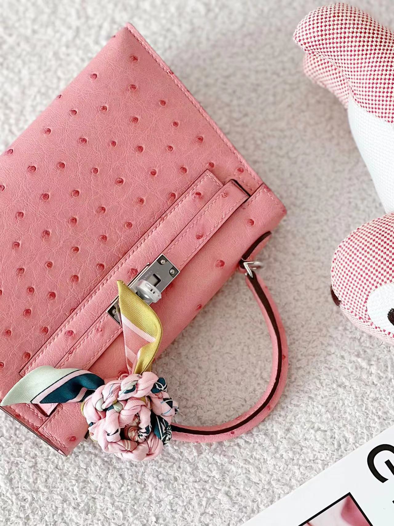 Hermes Mini Kelly  #1Q Rose confetti  Ostrich
