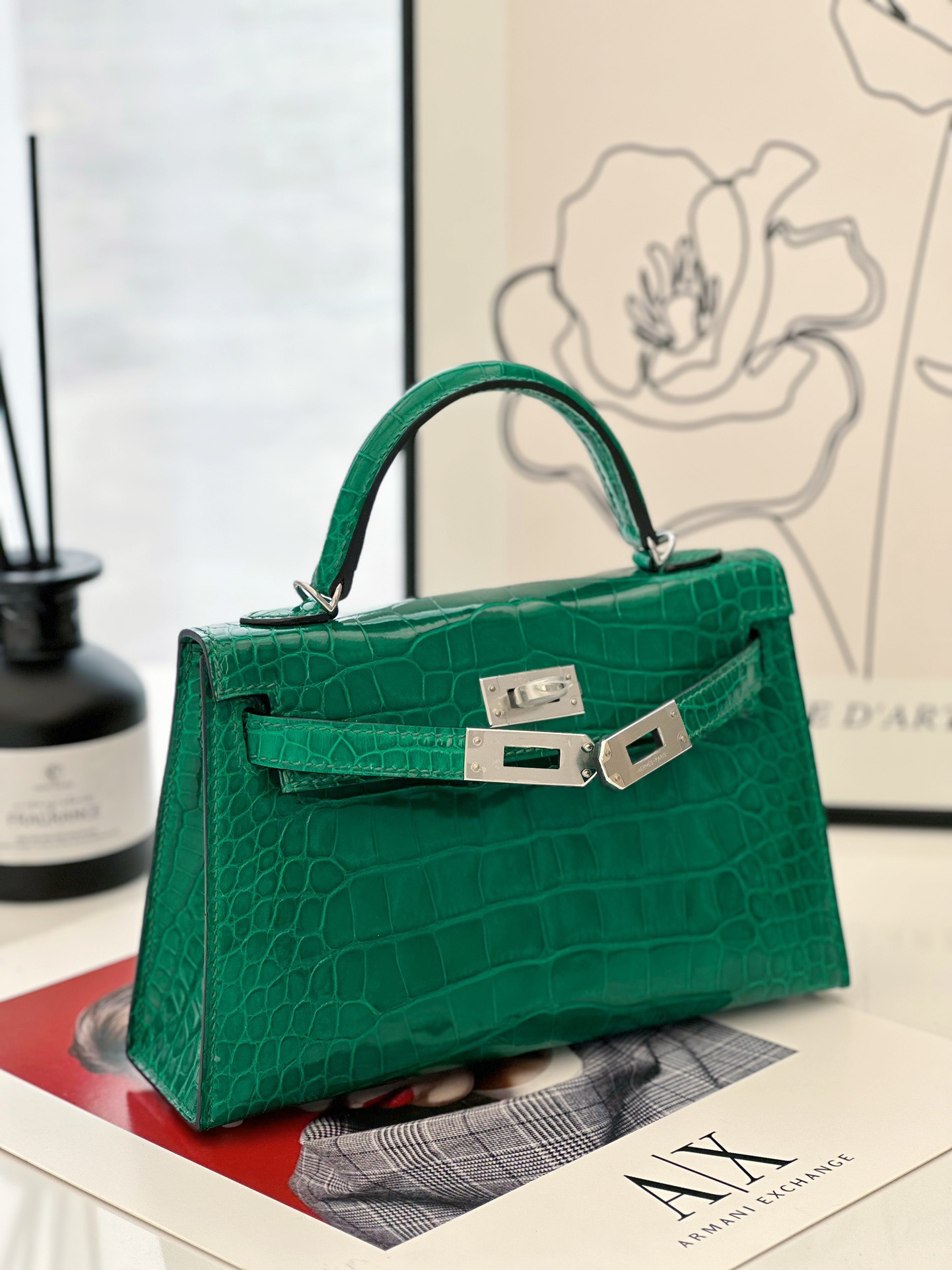Crocodile skin Mini Kelly #6Q Vert Emeraude