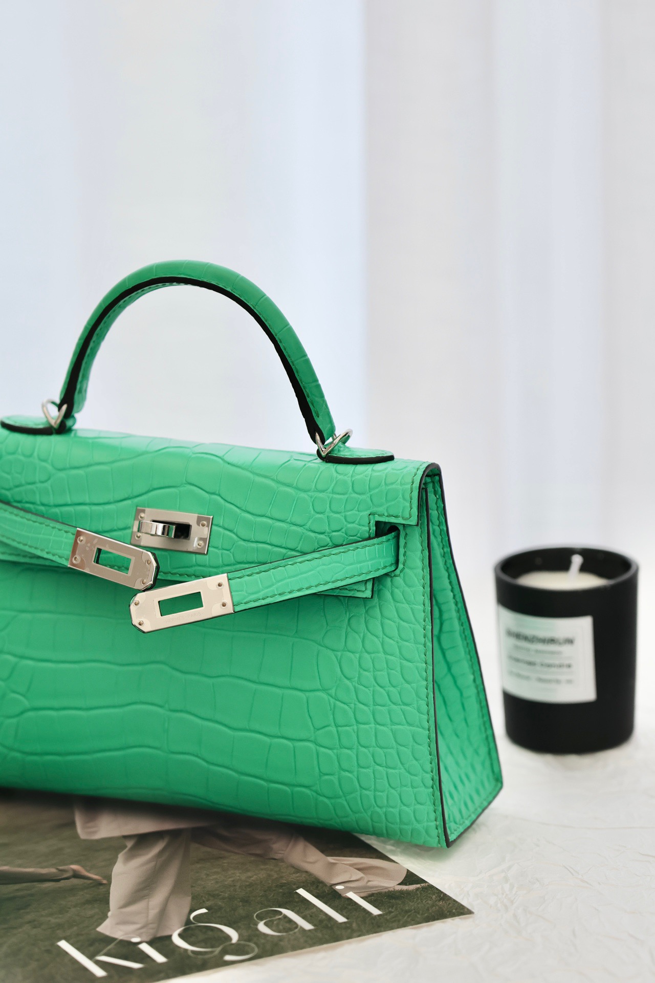 Crocodile skin Mini Kelly #0Z Vert Comice