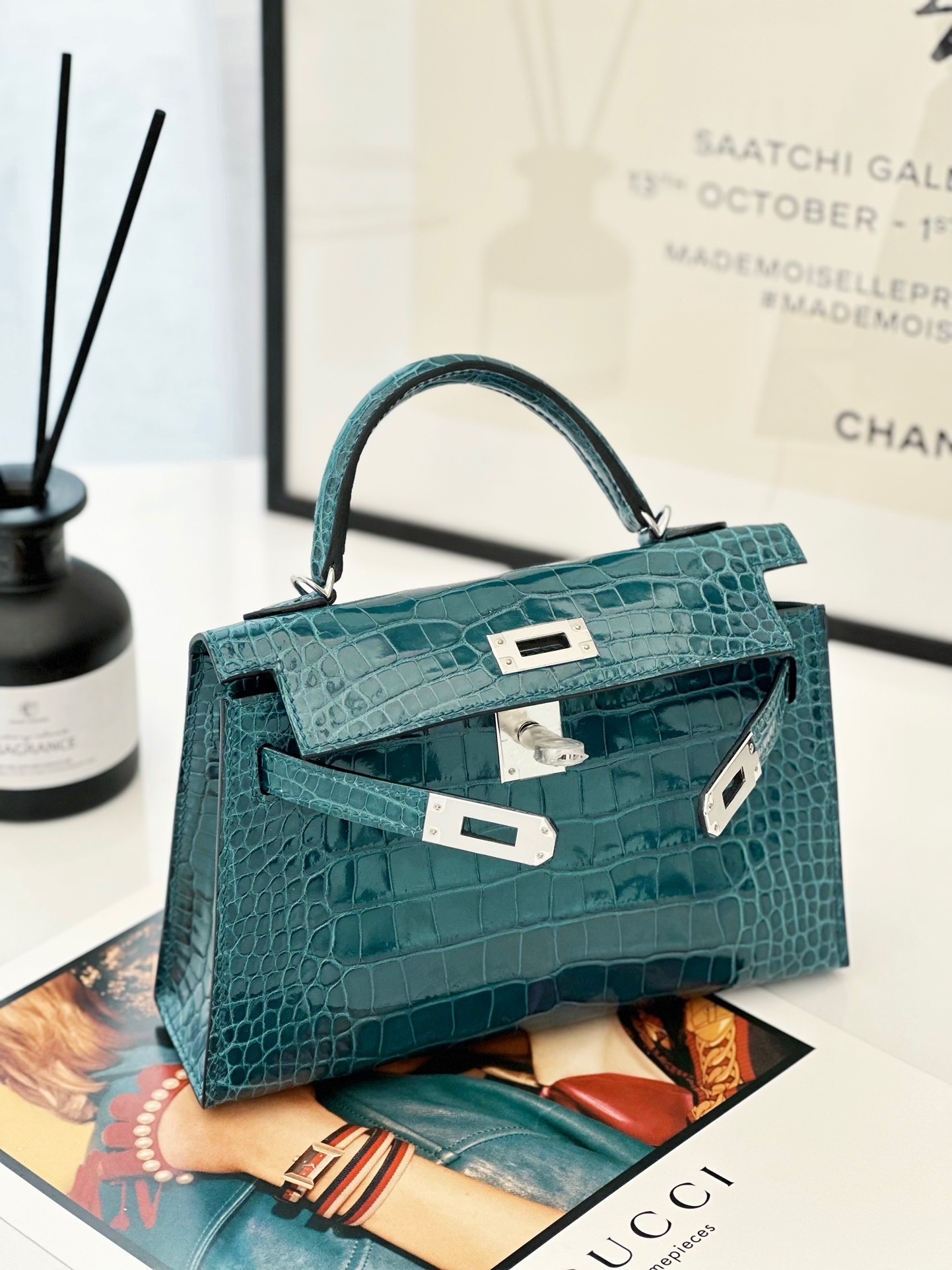 Crocodile skin Mini Kelly #W0 Vert Bosphore