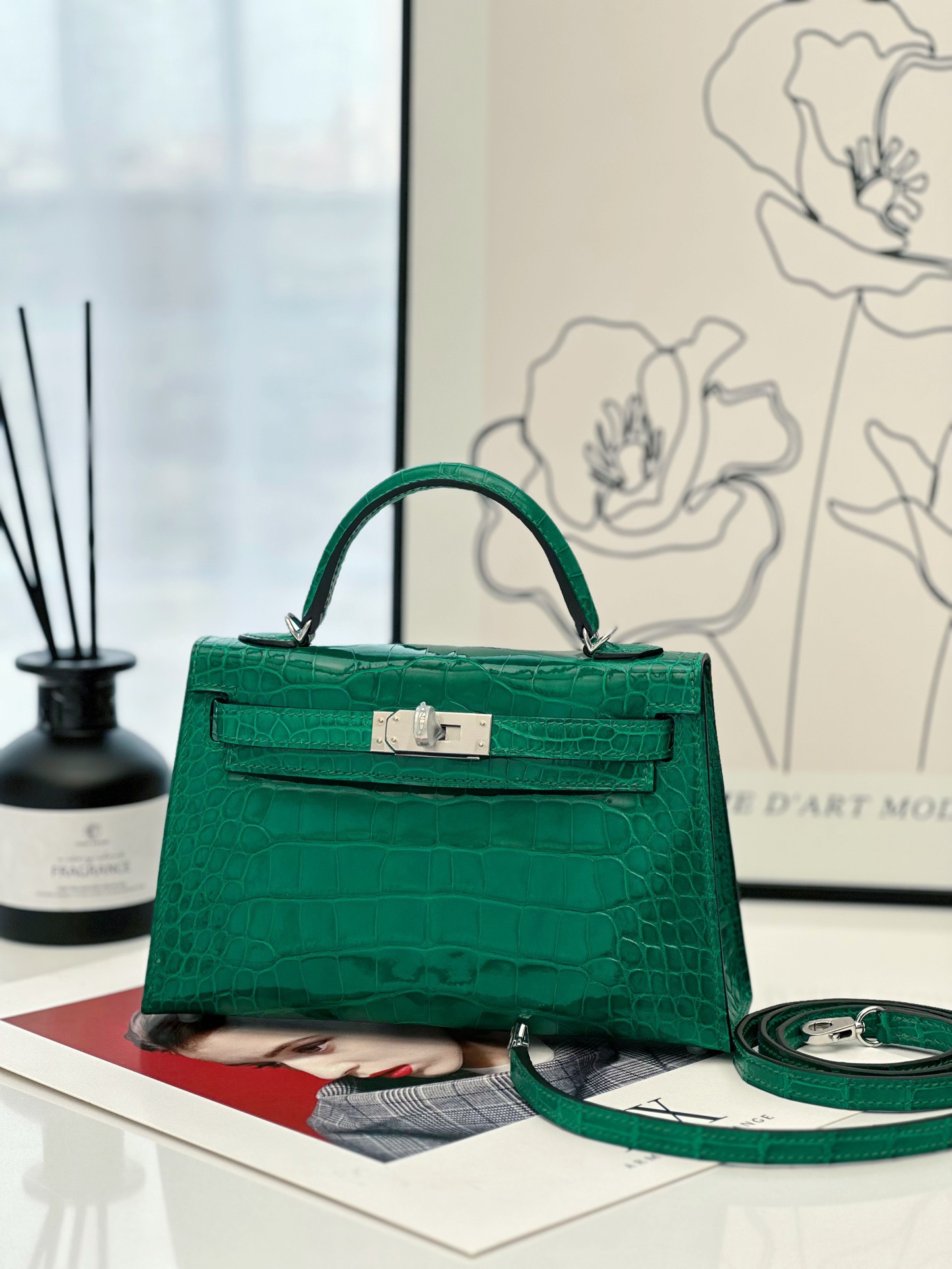 Crocodile skin Mini Kelly #6Q Vert Emeraude