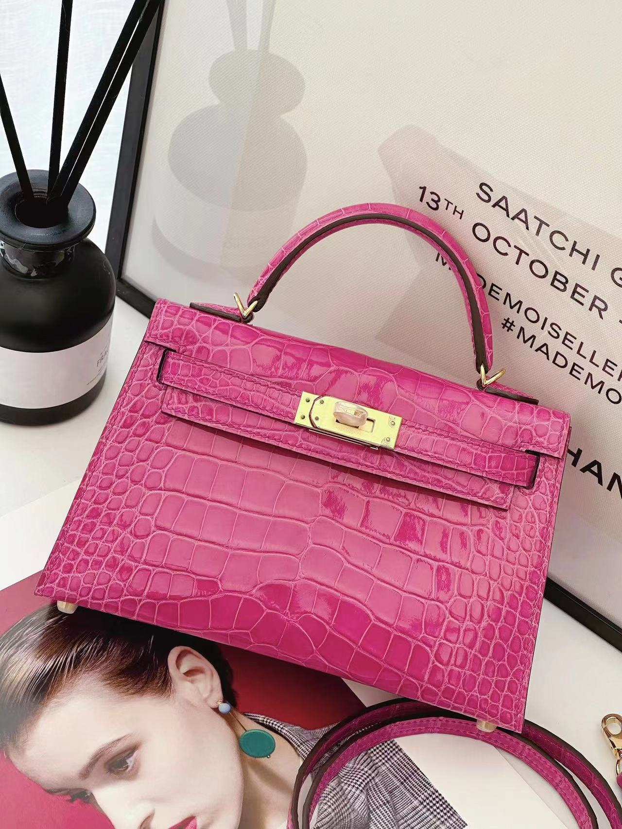 Crocodile skin Mini Kelly #E5 Rose Tyrien