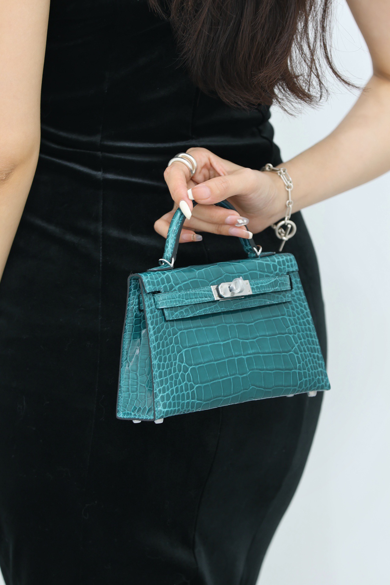 Crocodile skin Mini Kelly #W0 Vert Bosphore