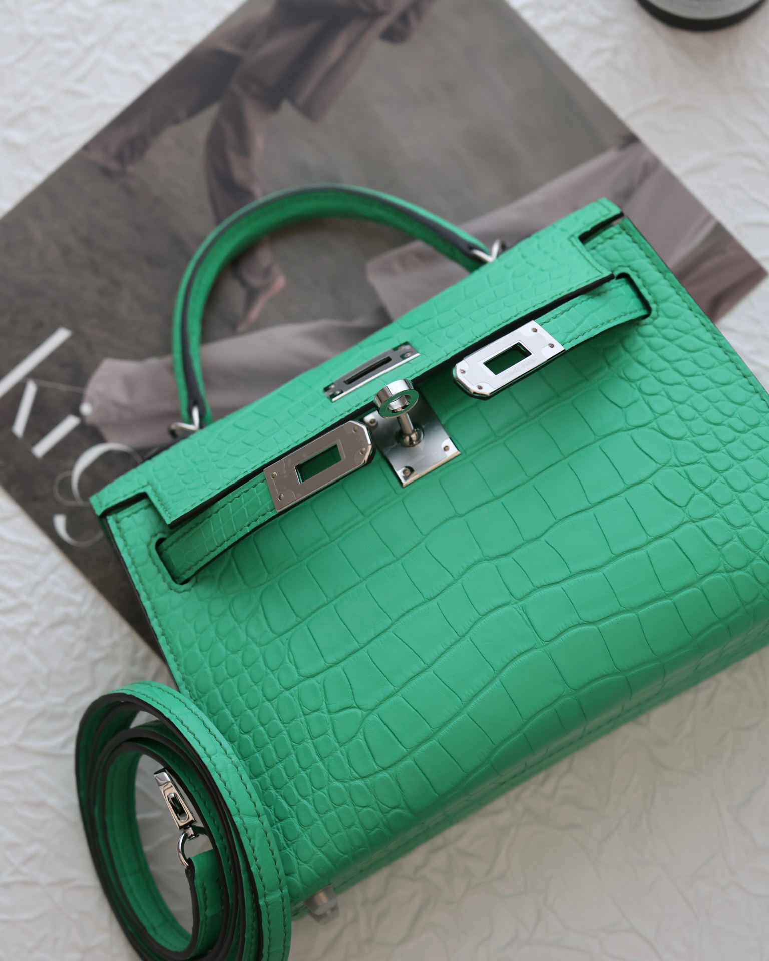 Crocodile skin Mini Kelly #0Z Vert Comice