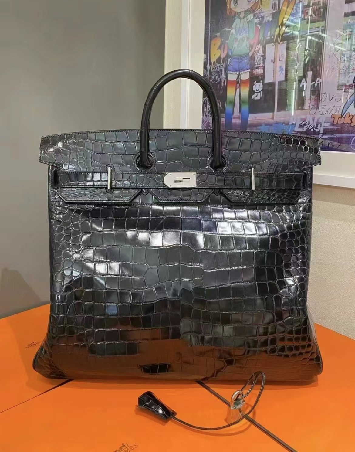 Hermes HAC 50cm crocodile leather black gold buckle