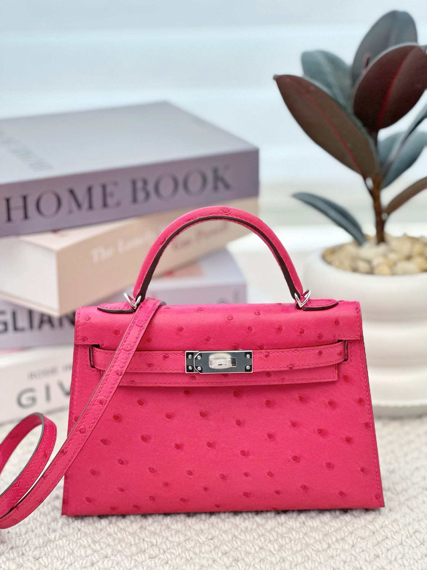 Hermes Mini Kelly #E5 Rose tyrien  Ostrich