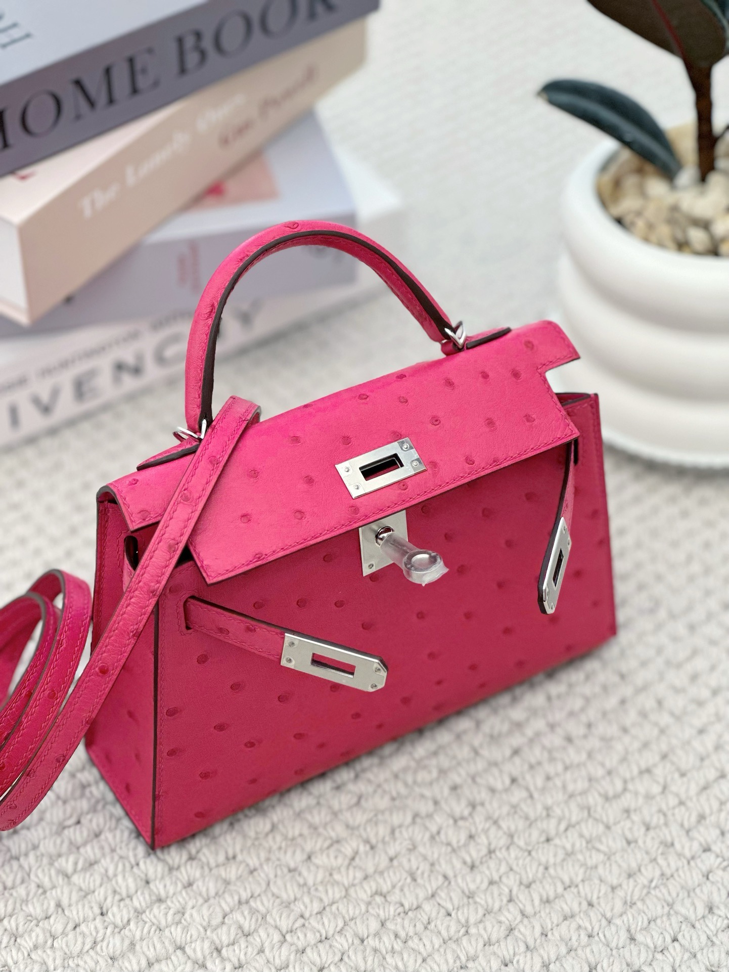 Hermes Mini Kelly #E5 Rose tyrien  Ostrich