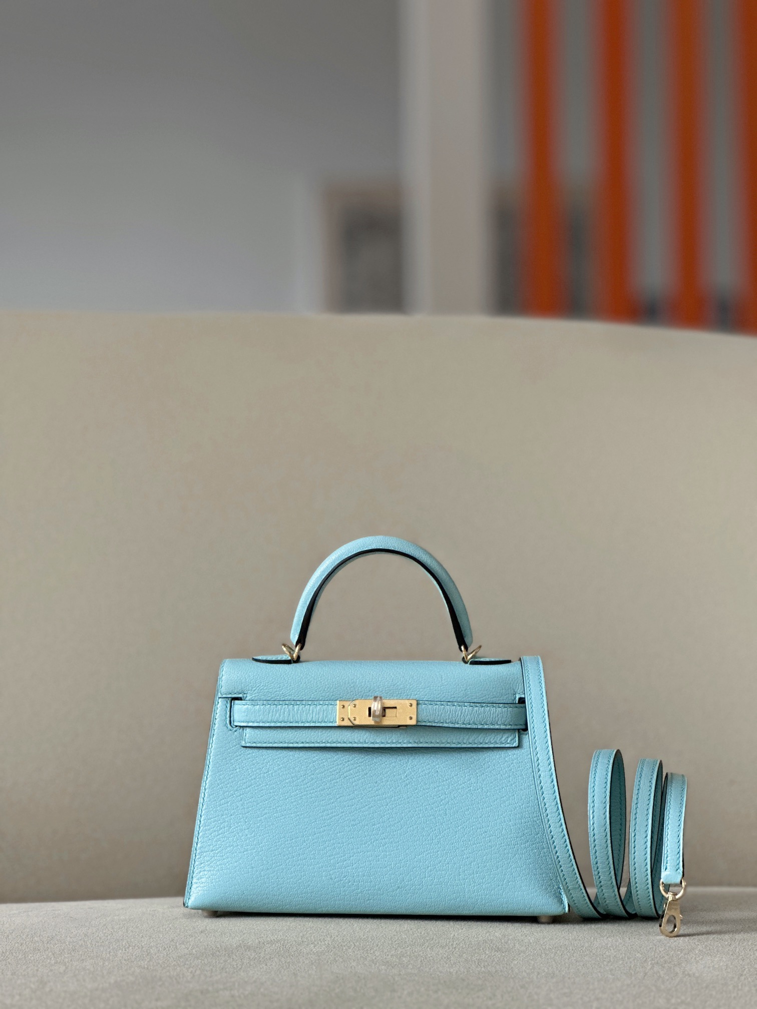 Hermes Mini Kelly  #U2 Blue Zephyr  Goatskin