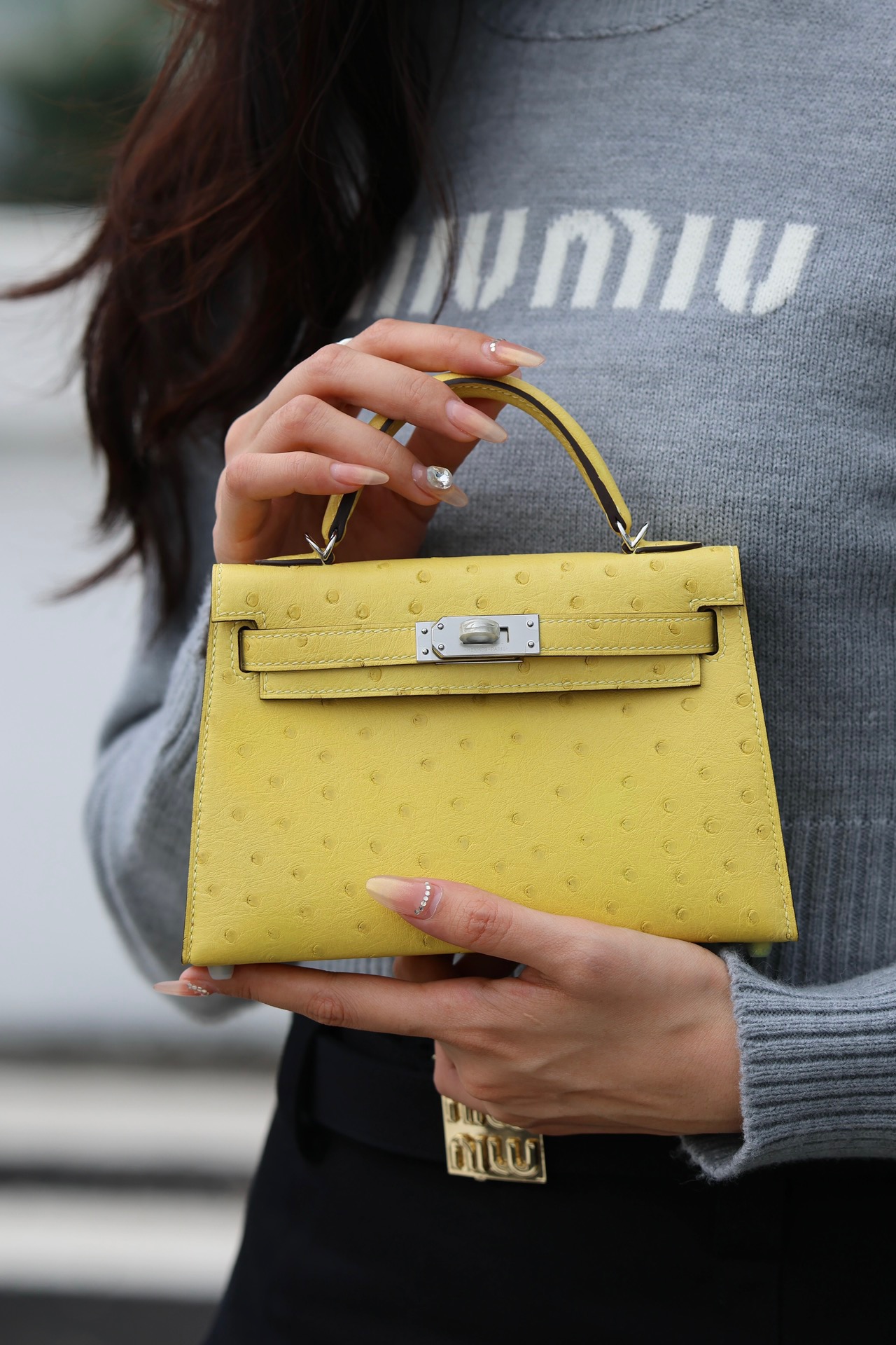 Hermes Mini Kelly  #9N Jaunce Citron  Ostrich